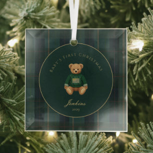 Dunkelgrünes Tartan-Karomuster Babys erstes Weihna Ornament Aus Glas