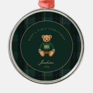 Dunkelgrünes Tartan-Karomuster Babys erstes Weihna Ornament Aus Metall