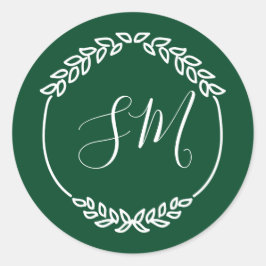 Dunkelgrünes weißes Leaf-Kränz-Monogramm-Hochzeit Runder Aufkleber
