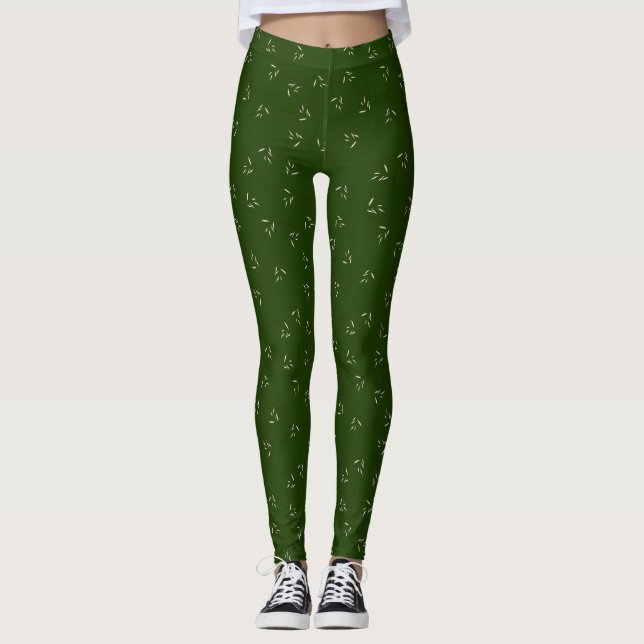Dunkelgrünes Wispy Leaf Muster Leggings (Vorderseite)