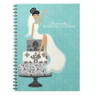Dunkelhaarige Braut auf Hochzeitstorte {aqua} Notizblock