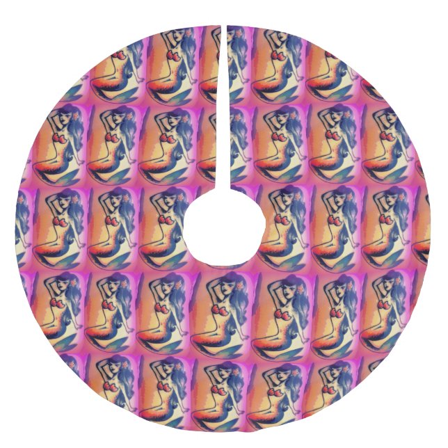 dunkelhaarige Meerjungfrauschönheiten Polyester Weihnachtsbaumdecke (Vorderseite)