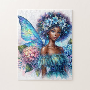 Dunkelhäutige Fee mit Afro und Hortensien-Puzzle