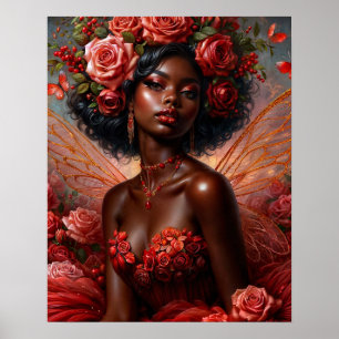 Dunkelhäutige Fee mit roten Rosen Poster