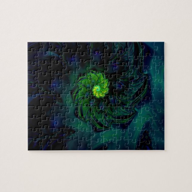 Dunkelheit | Kunst des blauen und grünen Fraktals (Horizontal)