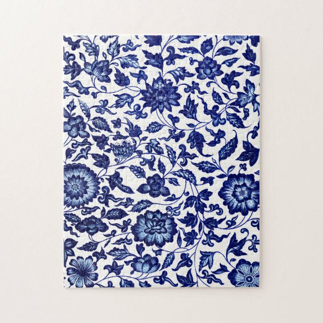 Dunkelmarineblau-Blumenmuster auf Weiß (Vertikal)