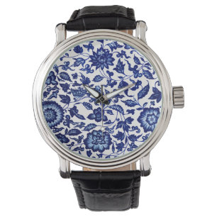 Dunkelmarineblau-Blumenmuster auf Weiß Armbanduhr