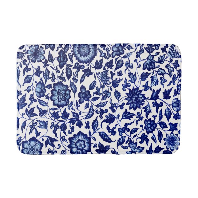 Dunkelmarineblau-Blumenmuster auf Weiß Badematte (Vorderseite)
