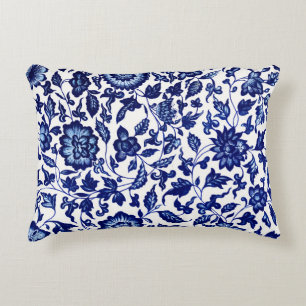 Dunkelmarineblau-Blumenmuster auf Weiß Dekokissen