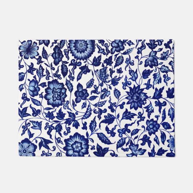 Dunkelmarineblau-Blumenmuster auf Weiß Fußmatte (Vorderseite)