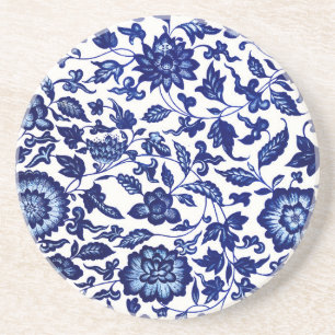 Dunkelmarineblau-Blumenmuster auf Weiß Getränkeuntersetzer