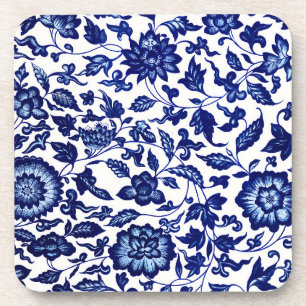 Dunkelmarineblau-Blumenmuster auf Weiß Getränkeuntersetzer