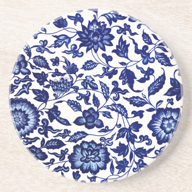 Dunkelmarineblau-Blumenmuster auf Weiß Getränkeuntersetzer (Vorne)