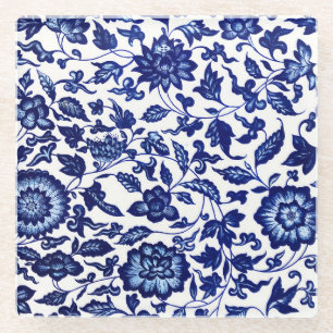 Dunkelmarineblau-Blumenmuster auf Weiß Glasuntersetzer