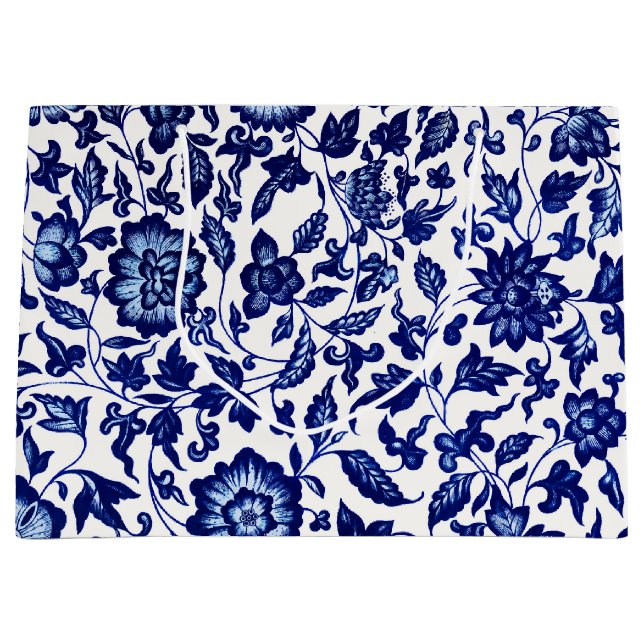 Dunkelmarineblau-Blumenmuster auf Weiß Große Geschenktüte (Vorderseite)