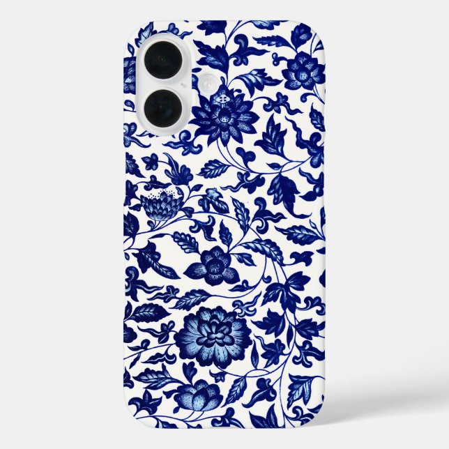 Dunkelmarineblau-Blumenmuster auf Weiß iPhone 16 Hülle (Rückseite)