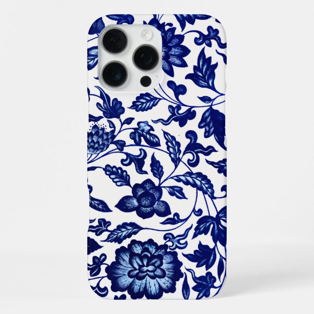 Dunkelmarineblau-Blumenmuster auf Weiß iPhone 16 Pro Max Hülle (Rückseite)