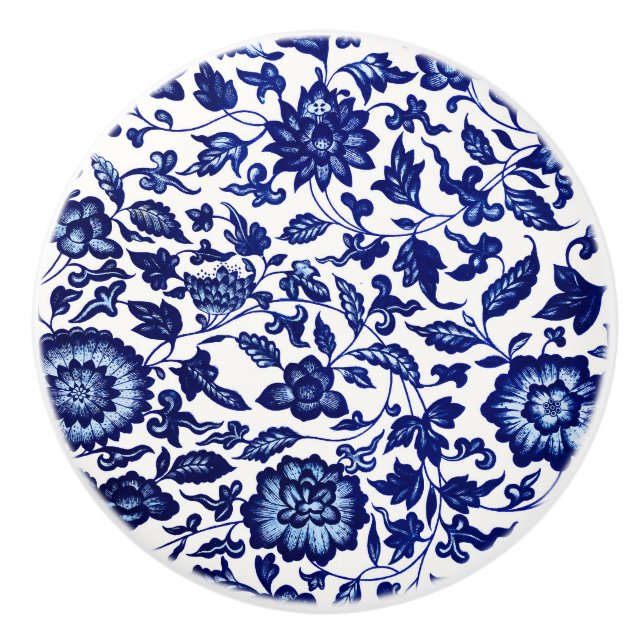 Dunkelmarineblau-Blumenmuster auf Weiß Keramikknauf (Vorderseite)
