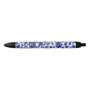 Dunkelmarineblau-Blumenmuster auf Weiß Kugelschreiber