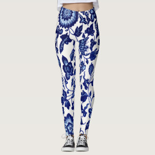 Dunkelmarineblau-Blumenmuster auf Weiß Leggings