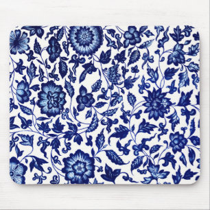 Dunkelmarineblau-Blumenmuster auf Weiß Mousepad