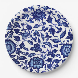 Dunkelmarineblau-Blumenmuster auf Weiß Pappteller