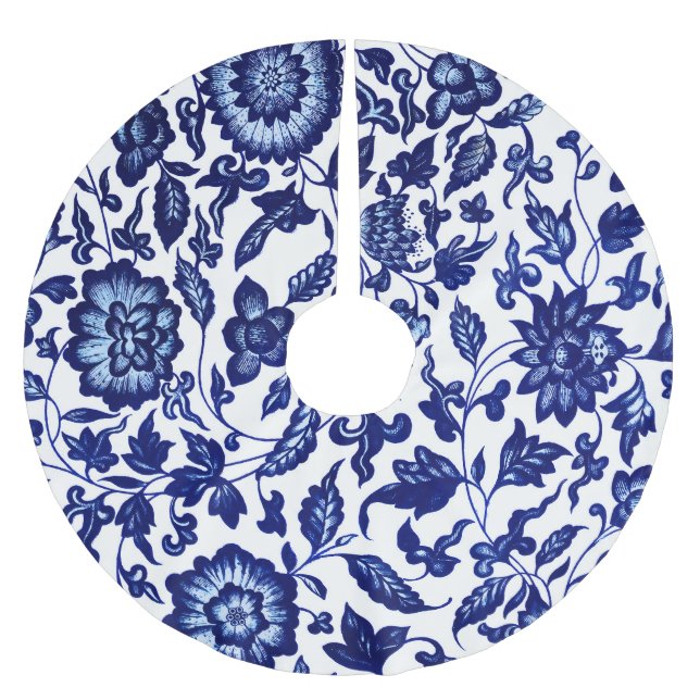 Dunkelmarineblau-Blumenmuster auf Weiß Polyester Weihnachtsbaumdecke (Vorderseite)