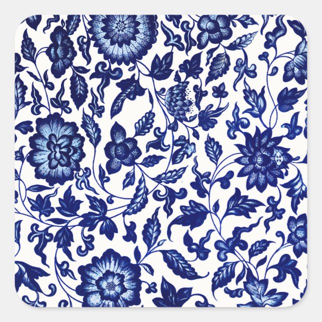 Dunkelmarineblau-Blumenmuster auf Weiß Quadratischer Aufkleber (Vorderseite)