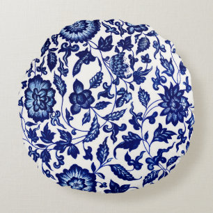Dunkelmarineblau-Blumenmuster auf Weiß Rundes Kissen