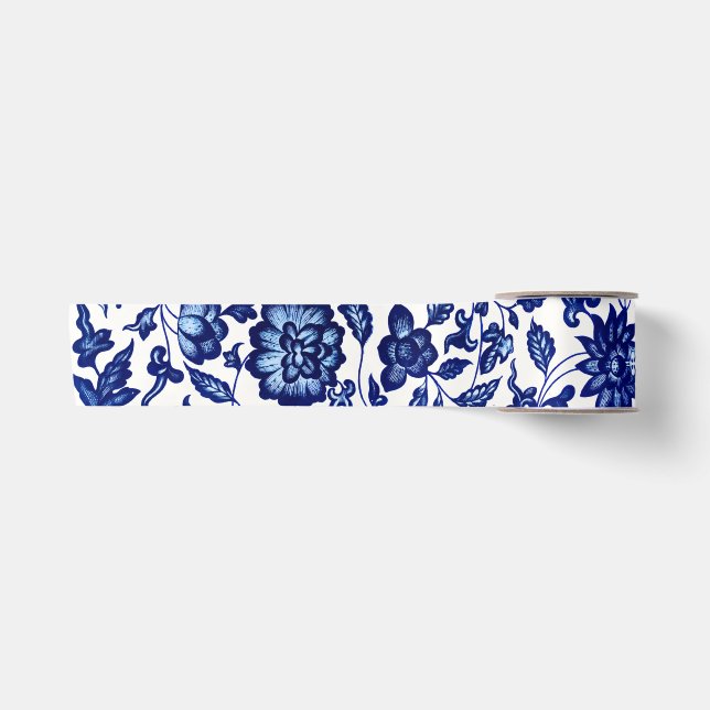 Dunkelmarineblau-Blumenmuster auf Weiß Satinband (Vorderseite)
