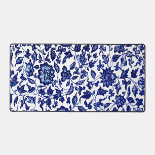 Dunkelmarineblau-Blumenmuster auf Weiß Schreibtischunterlage