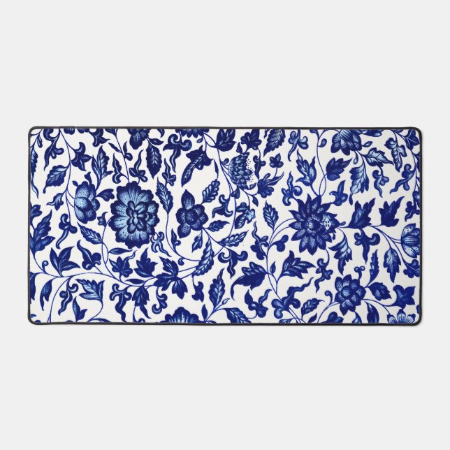 Dunkelmarineblau-Blumenmuster auf Weiß Schreibtischunterlage (Vorderseite)