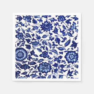 Dunkelmarineblau-Blumenmuster auf Weiß Serviette