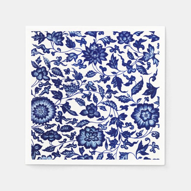 Dunkelmarineblau-Blumenmuster auf Weiß Serviette (Vorderseite)