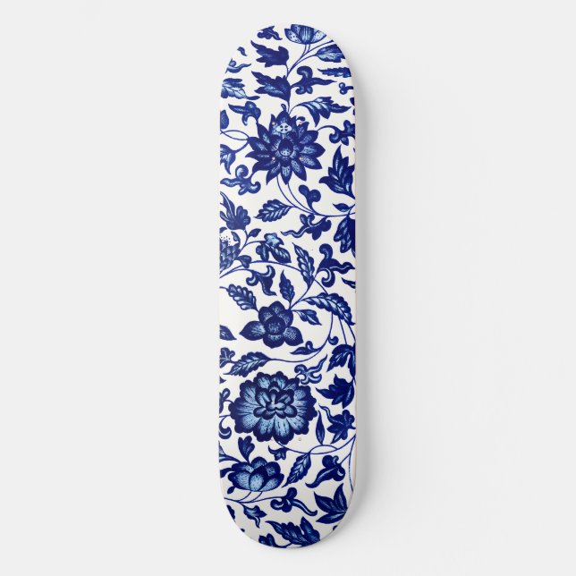 Dunkelmarineblau-Blumenmuster auf Weiß Skateboard (Vorderseite)