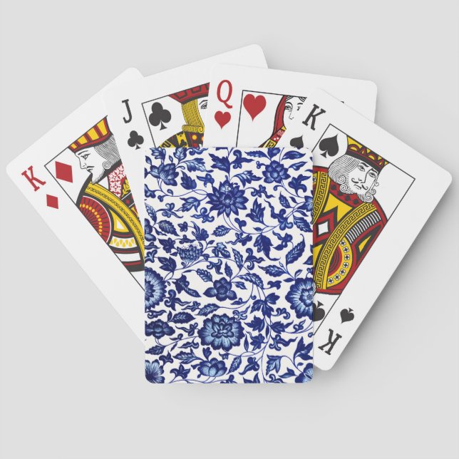 Dunkelmarineblau-Blumenmuster auf Weiß Spielkarten (Rückseite)