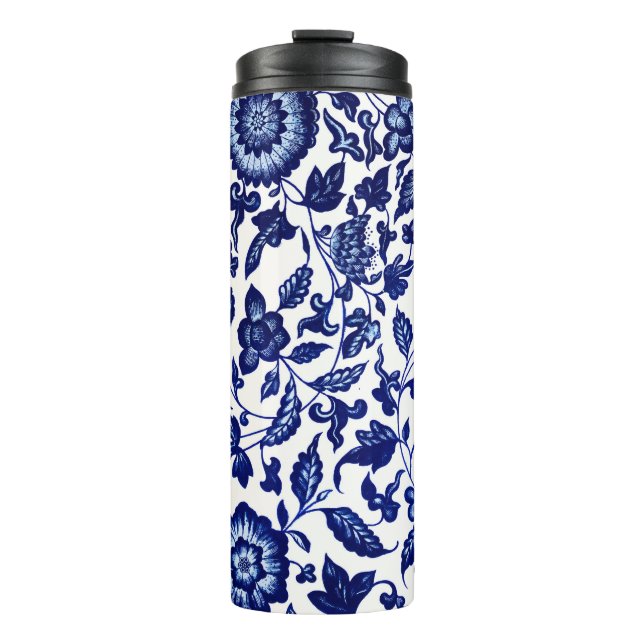 Dunkelmarineblau-Blumenmuster auf Weiß Thermosbecher (Vorderseite)