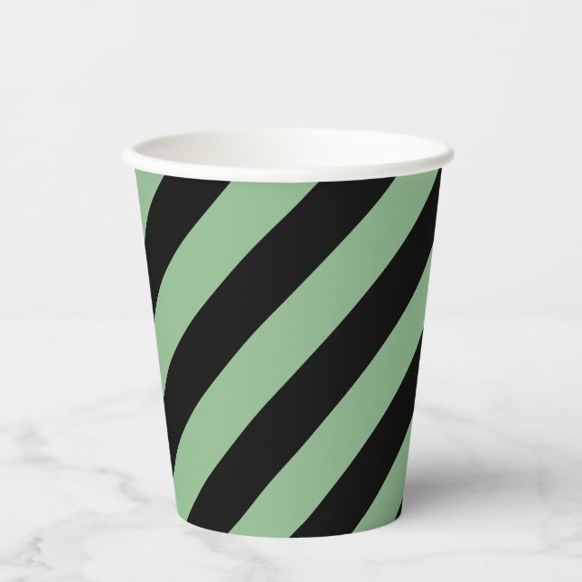 Dunkelmeergrüne und schwarze große Diagonalstreife Pappbecher (Vorderseite)