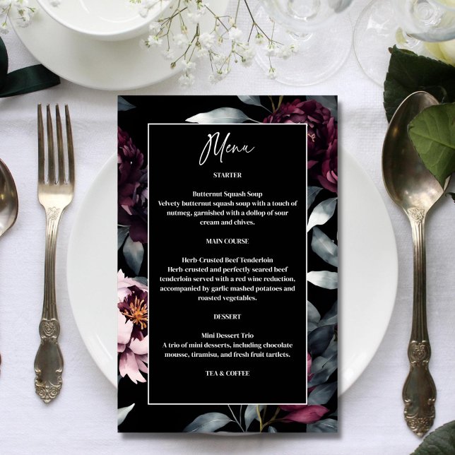 Dunkelmoody bordeauxfarbene Blume elegantes Hochze (Dark moody burgundy flowers elegant wedding menu template card black themed function menu drink list)
