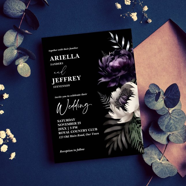 Dunkelmoody elegant alles in einer Hochzeitsvorlag Einladung (Dark moody elegant all in one wedding template invitation digital download purple peonies gothic)