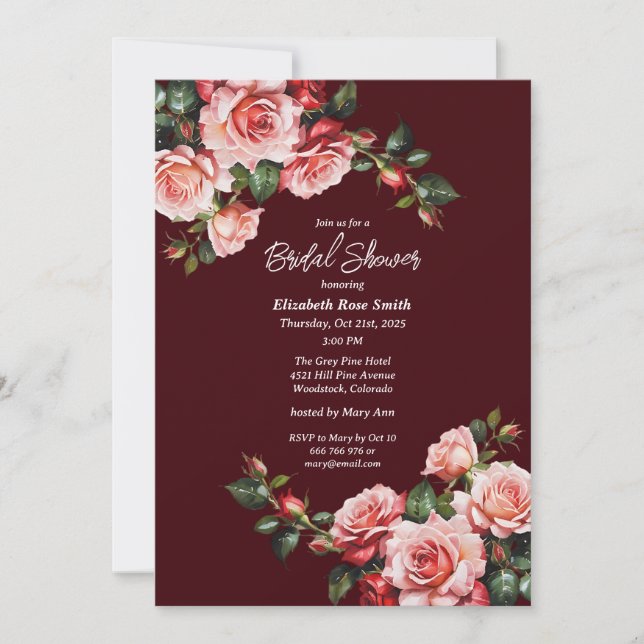 Dunkelmoody pink und rote Rosen-Maroon-Brautparty Einladung (Vorderseite)