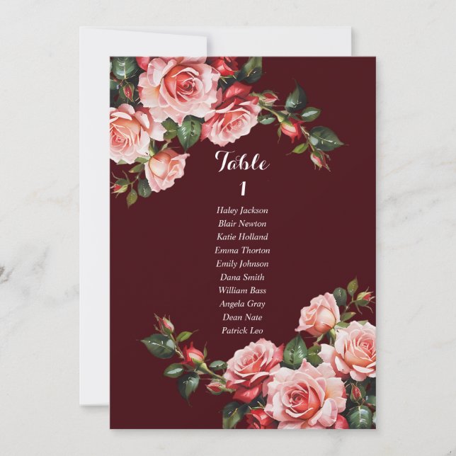 Dunkelmoody pink und rote Rosen Sitzkarte Einladung (Vorderseite)