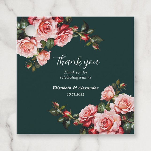 Dunkelmoody, rosa und rote Rosen, grüne Hochzeit Geschenkanhänger (Vorderseite)