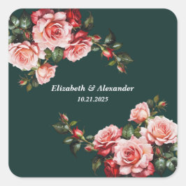 Dunkelmoody, rosa und rote Rosen, grüne Hochzeit Quadratischer Aufkleber