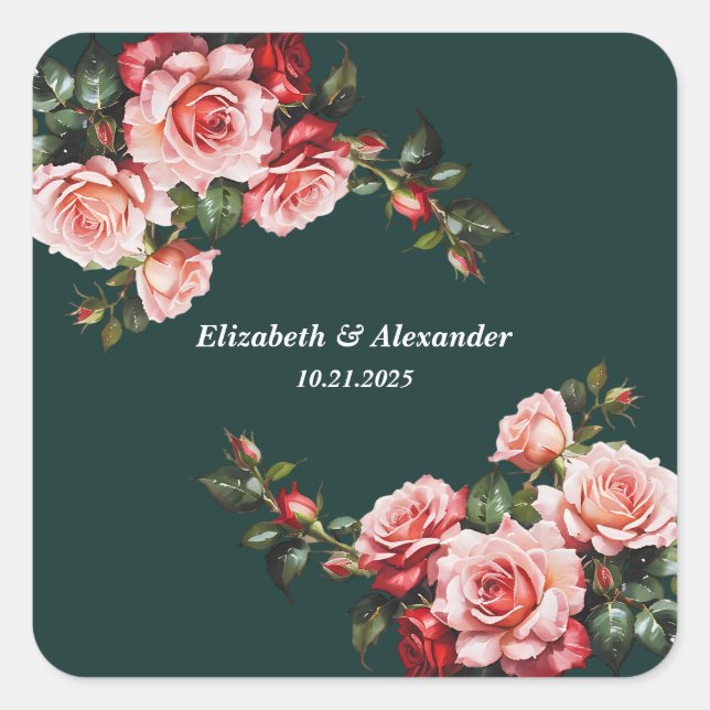 Dunkelmoody, rosa und rote Rosen, grüne Hochzeit Quadratischer Aufkleber (Vorderseite)