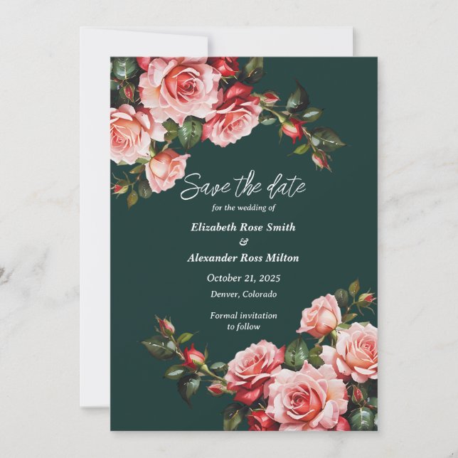 Dunkelmoody, rosa und rote Rosen, grüne Hochzeit Save The Date (Vorderseite)