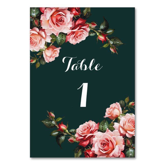 Dunkelmoody, rosa und rote Rosen, grüne Hochzeit Tischnummer (Vorderseite)