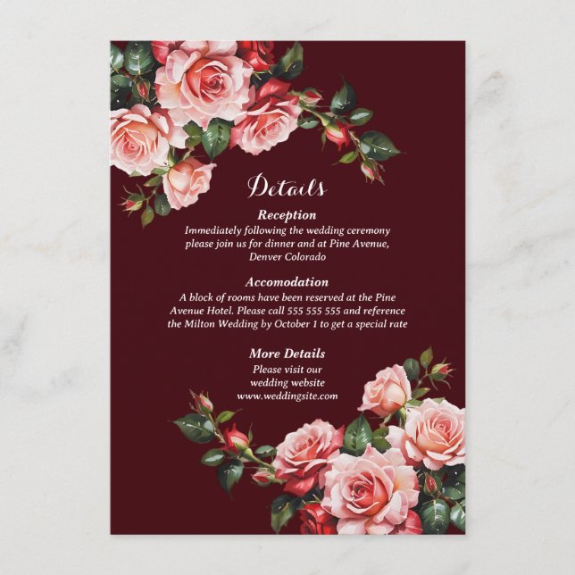 Dunkelmoody-Rosa- und rote Rosen-Maronehe Begleitkarte (Vorderseite)