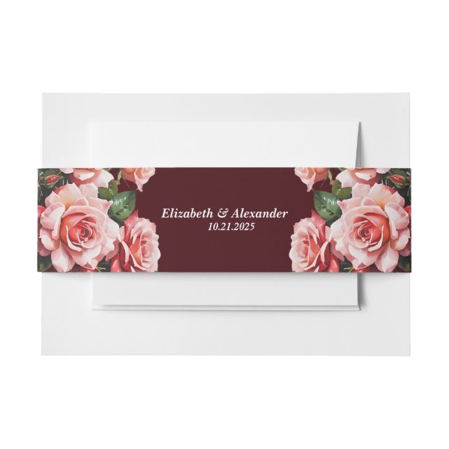 Dunkelmoody-Rosa- und rote Rosen-Maronehe Einladungsbanderole (Vorderseite Beispiel)