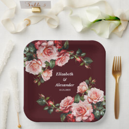 Dunkelmoody-Rosa- und rote Rosen-Maronehe Pappteller